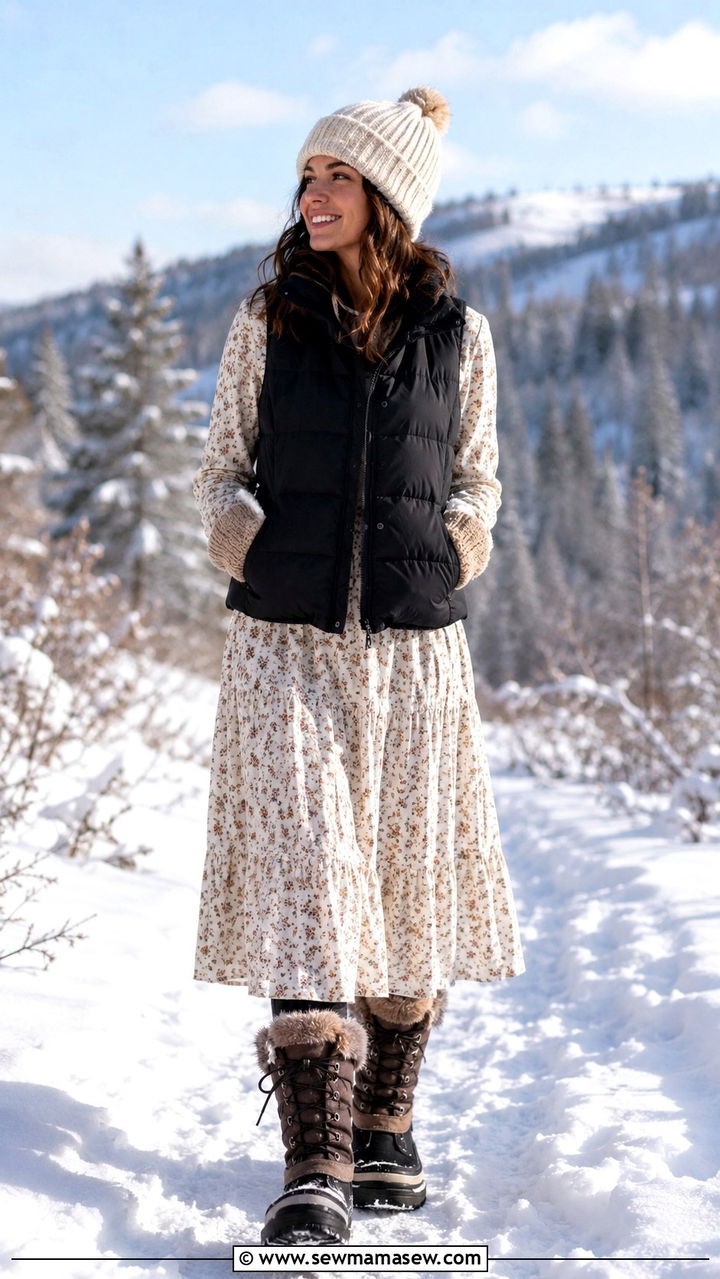 Prairie Dress With Puffer Vest And Snow Boots - 25 Boho outfit ideas with prairie dress