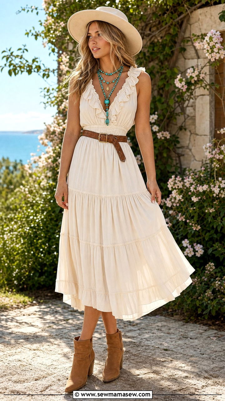 Prairie Dress With Suede Ankle Boots and Turquoise Jewelry - 25 spring coastal cowgirl outfits