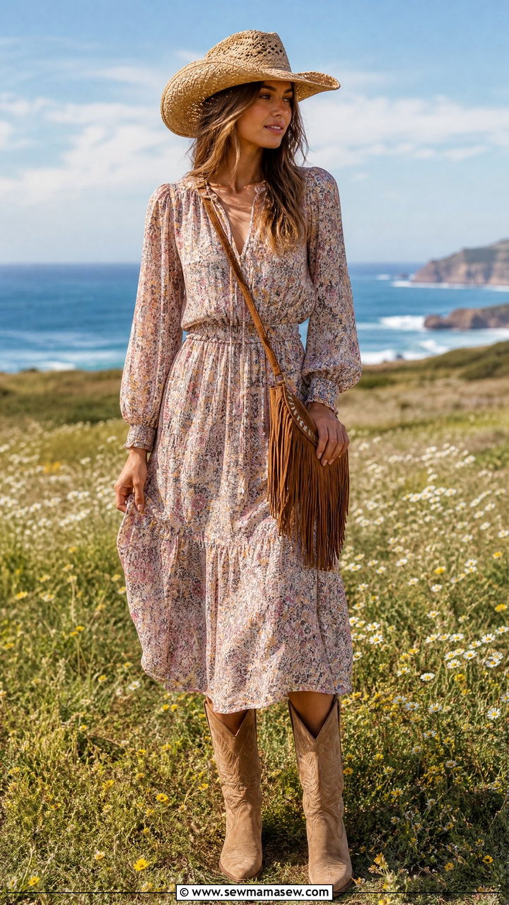 Prairie Dress With Suede Fringe Bag And Cowboy Boots - 25 classy coastal cowgirl outfit ideas