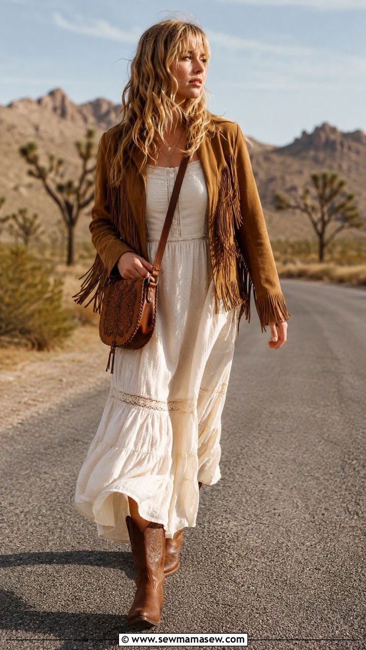 Prairie Dress With Suede Fringe Jacket And Western Booties - 25 Boho outfit ideas with prairie dress