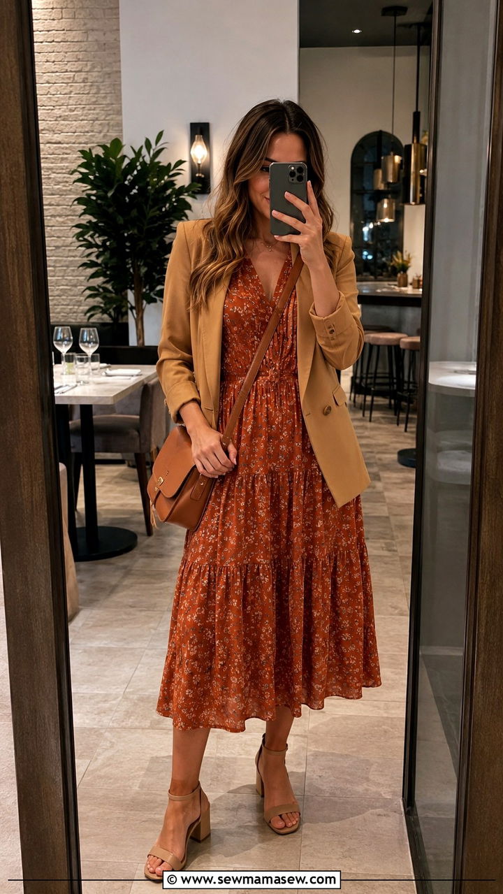 Prairie Dress With Tailored Blazer And Block Heels - 25 Boho outfit ideas with prairie dress