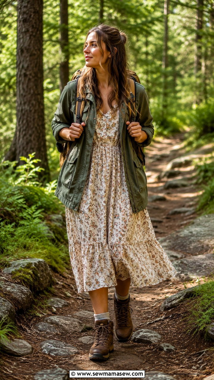Prairie Dress With Utility Jacket And Hiking Boots - 25 Boho outfit ideas with prairie dress