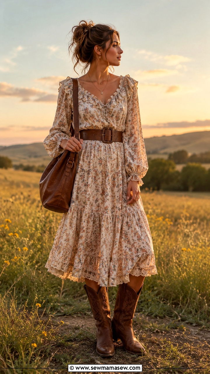Prairie Dress With Western Boots And Leather Bag - 30 spring vintage outfit ideas