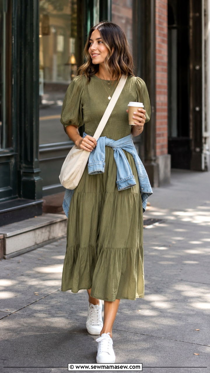 Prairie Dress With White Sneakers And Lightweight Denim Jacket - 25 Boho outfit ideas with prairie dress