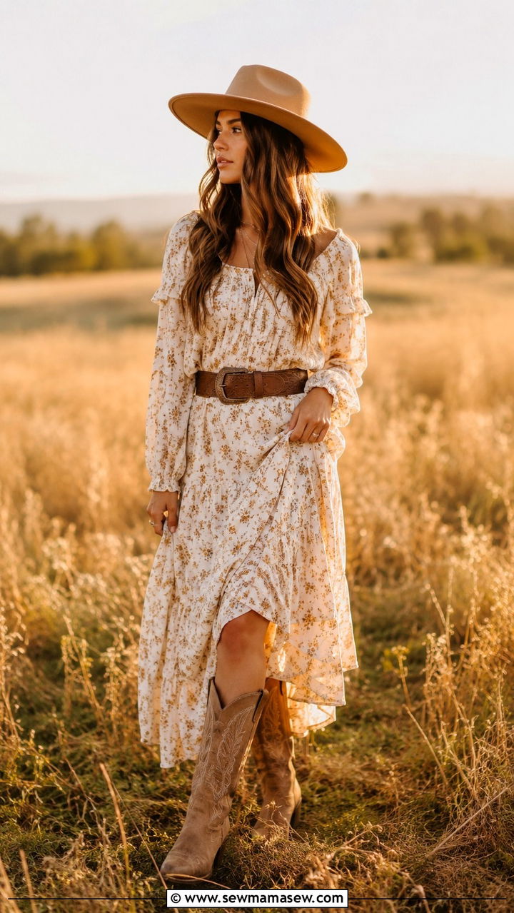 Prairie Dress and Cowboy Boots With Wide Leather Belt Outfit - 30 Horse girl outfit ideas