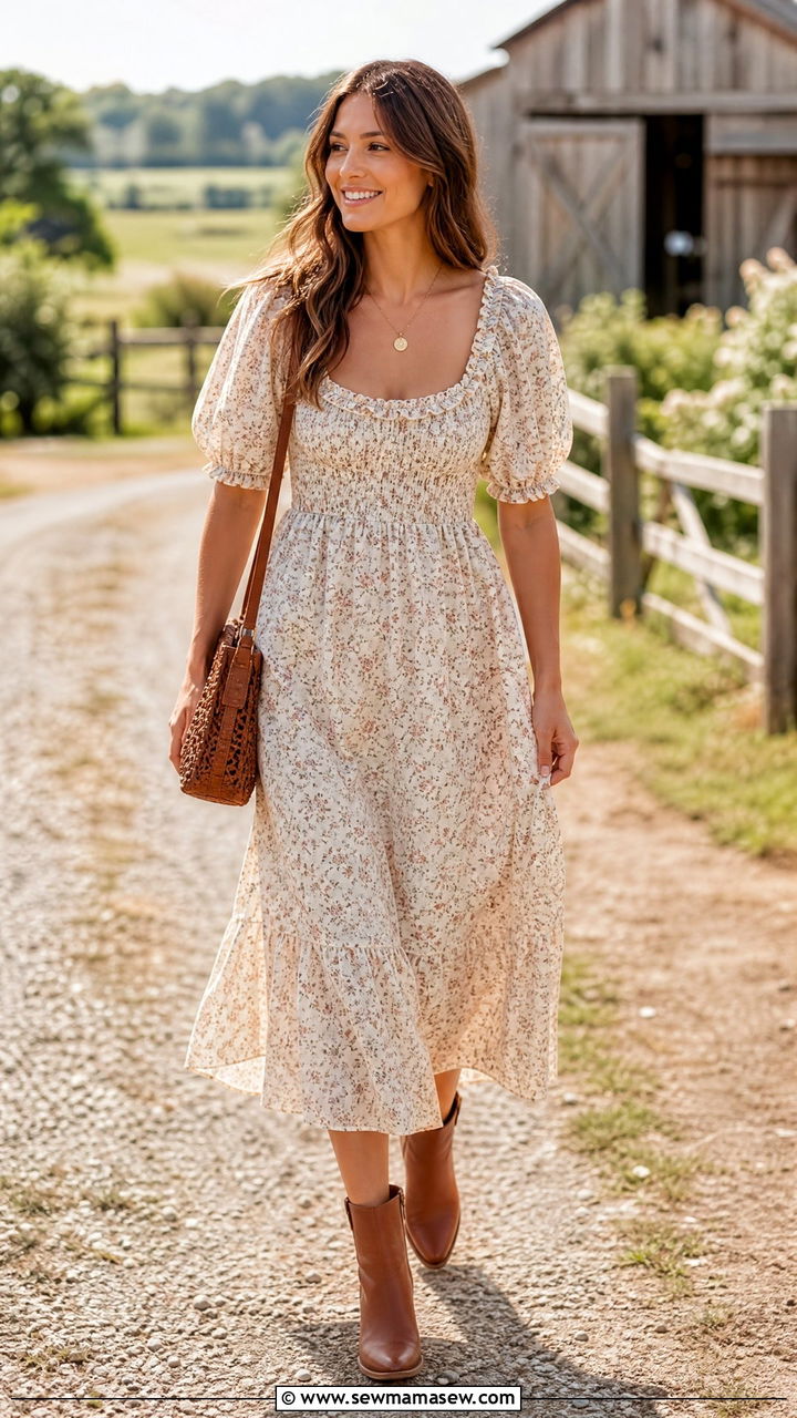 Prairie Dress with Ankle Boots - 25 Farm wedding guest outfit ideas