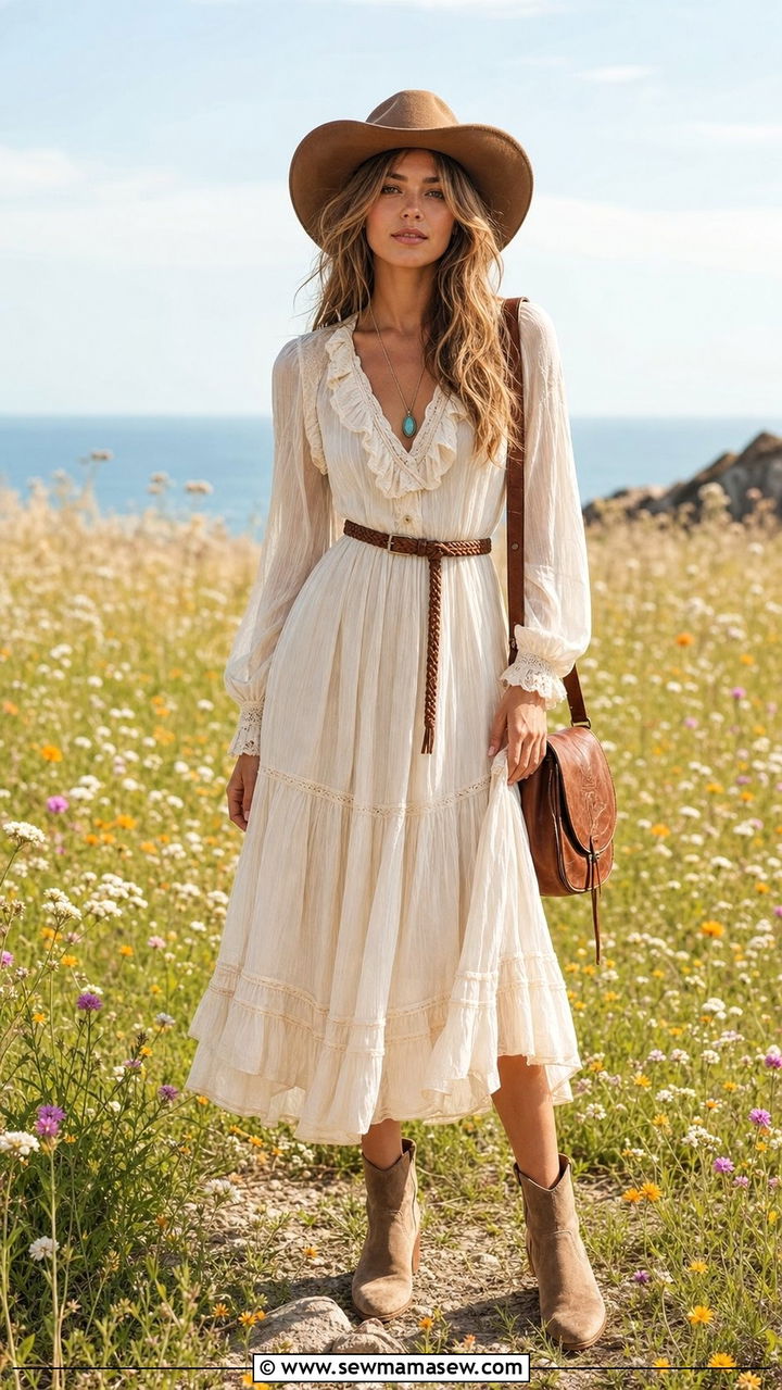 Prairie Dress with Ankle Boots - 25 summer coastal cowgirl outfits
