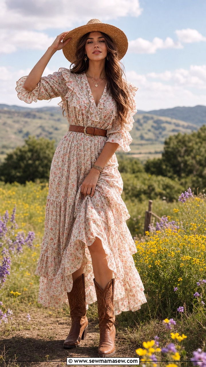 Prairie Dress with Cowboy Boots - 25 Spring outfits with cowboy boots