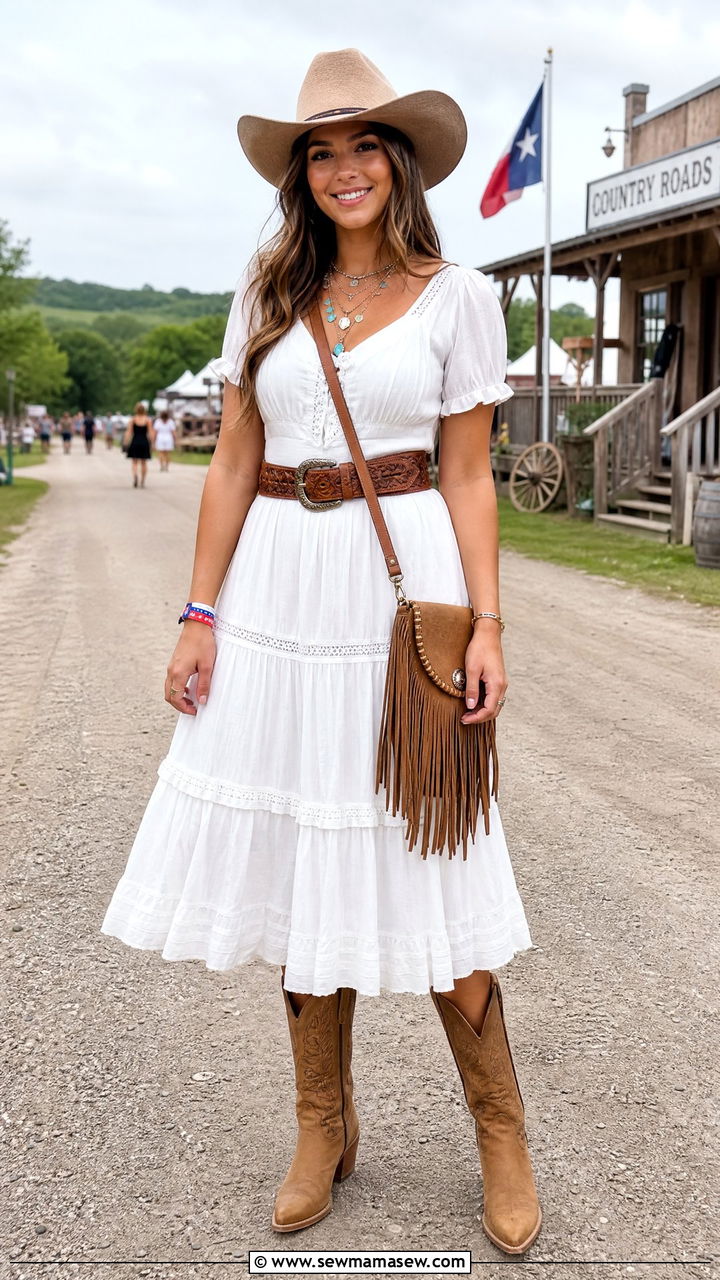Prairie Dress with Cowboy Boots Western Outfit - 30 festival outfit ideas for women