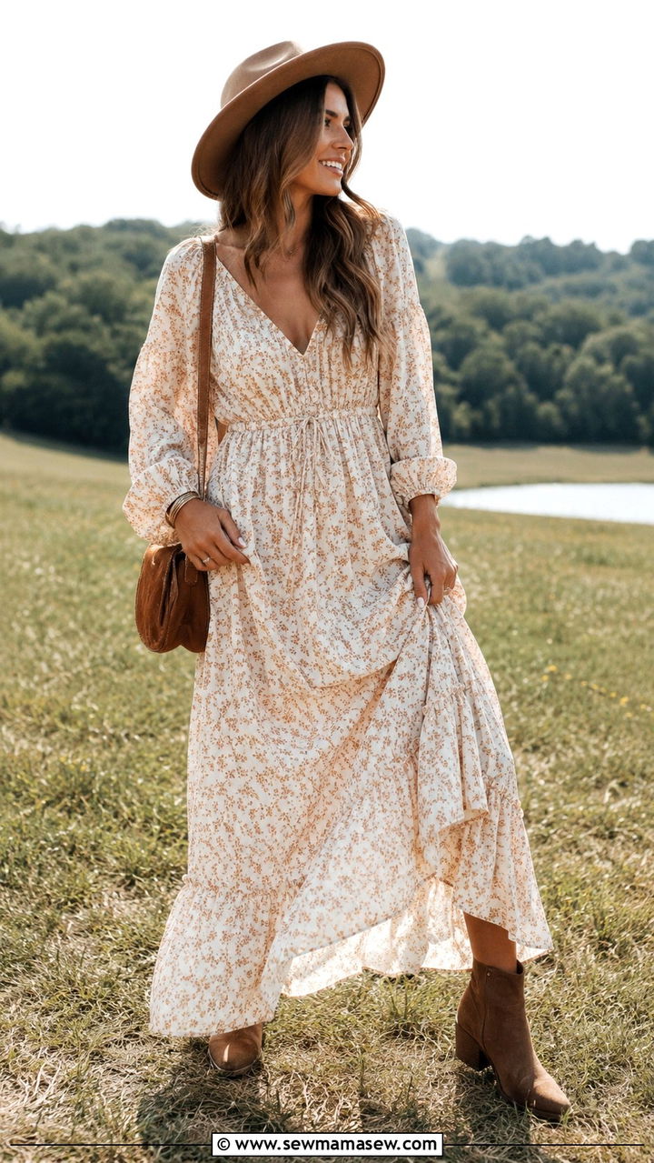 Prairie Dress with Suede Boots and Wide Brim Hat - 30 casual western outfits