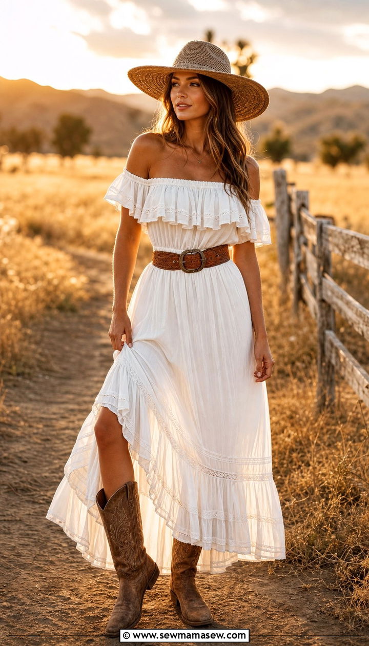 Prairie Dress with Western Boots - 25 Cowgirl aesthetic outfit ideas