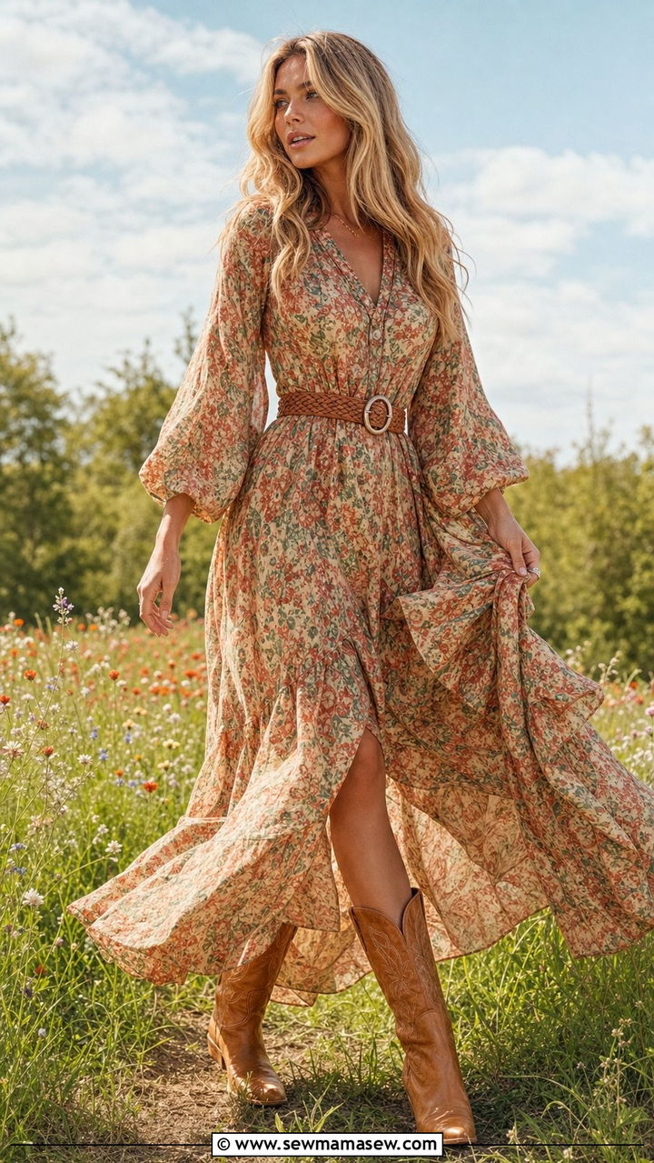 Prairie Floral Maxi Dress With Worn In Cowboy Boots - 25 Spring western outfits 2026