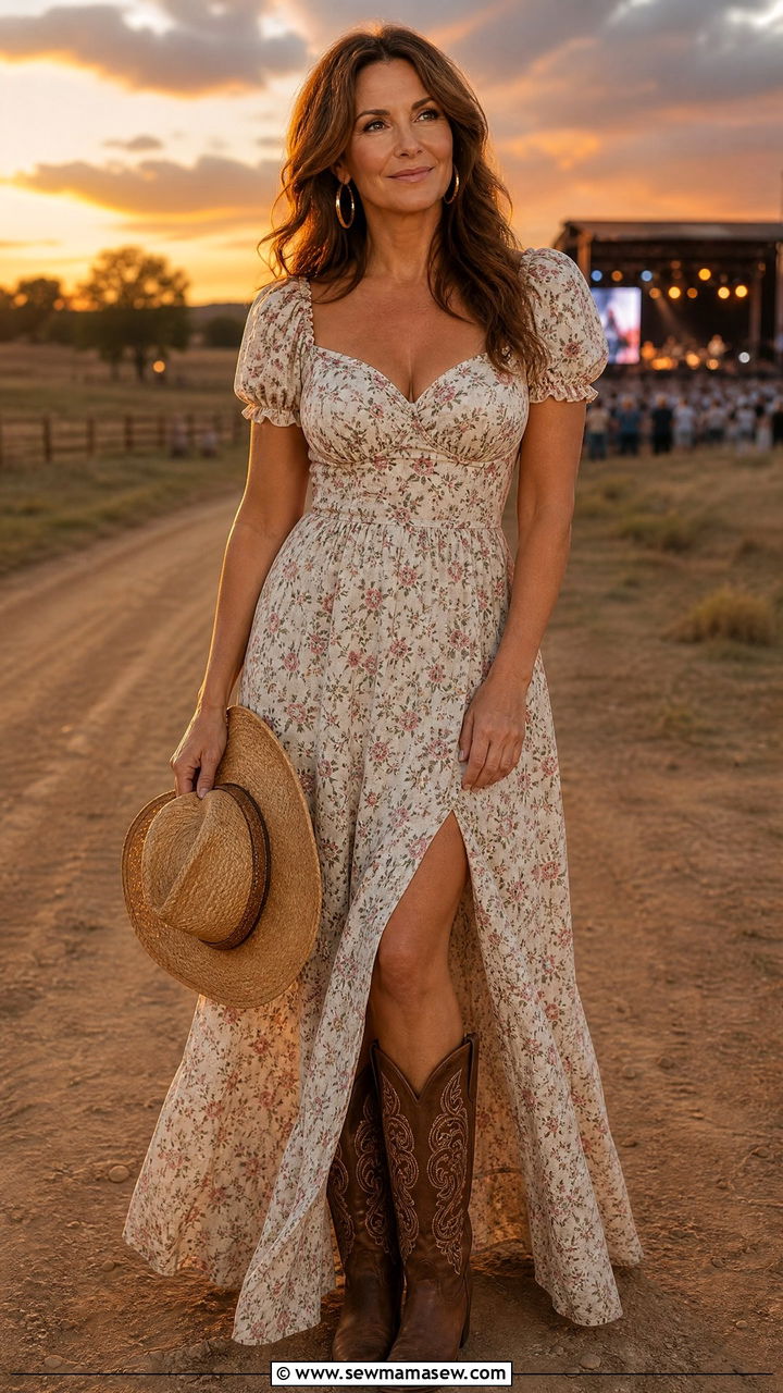 Prairie Maxi Dress With Puff Sleeves - 30 country concert outfits for women over 40