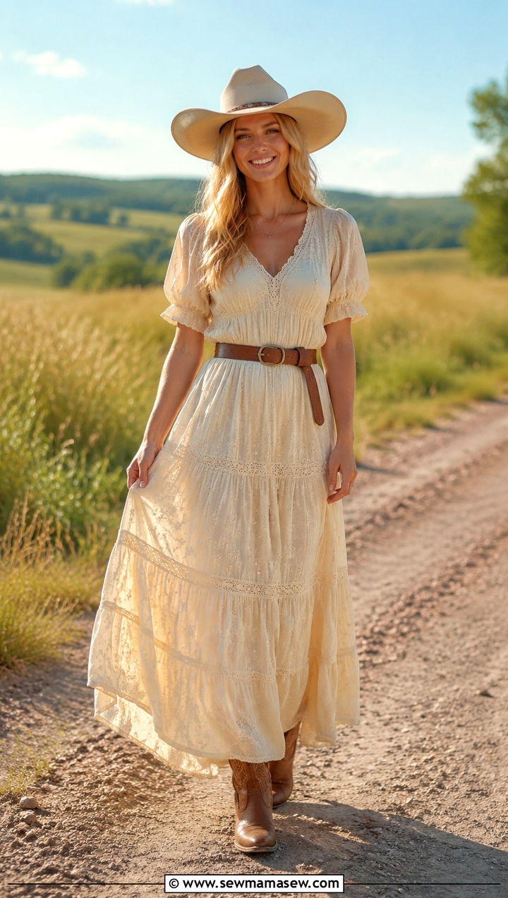 Prairie Maxi Dress With Western Belt And Cowboy Hats - 30 Taylor Swift concert outfit ideas