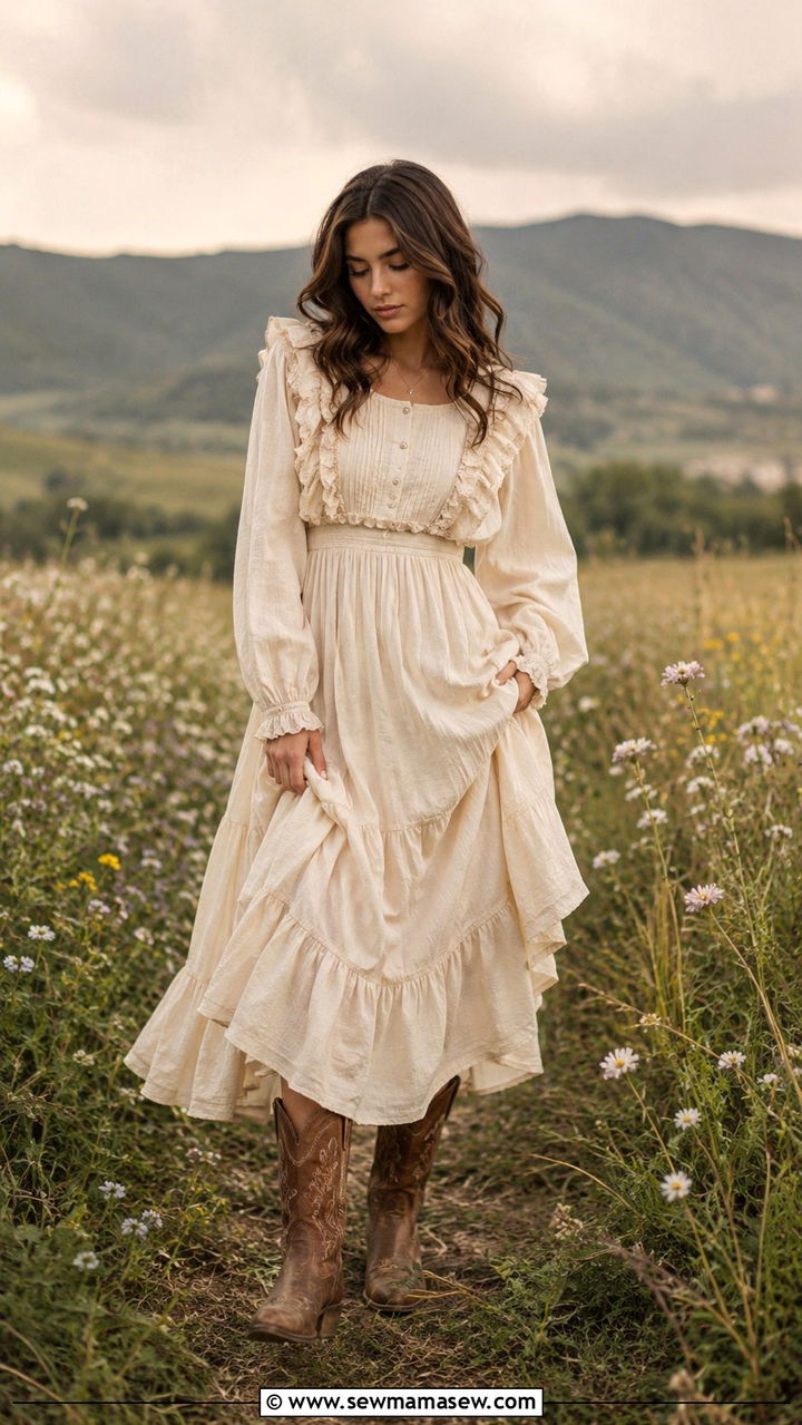 Prairie Maxi Dress with Brown Cowboy Boots - 30 Maxi dress with cowboy boots outfit ideas