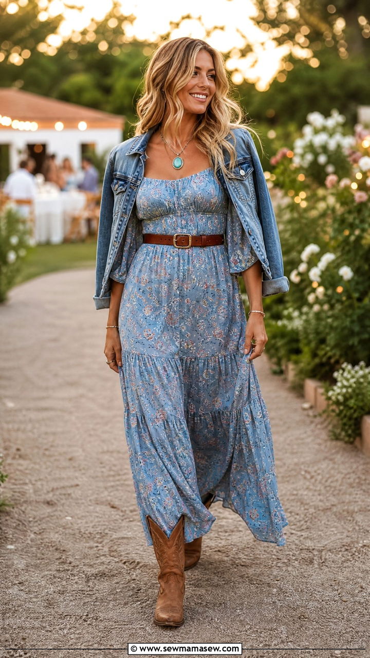 Prairie Maxi Dress with Western Boots Outfit - 30 summer western outfit ideas