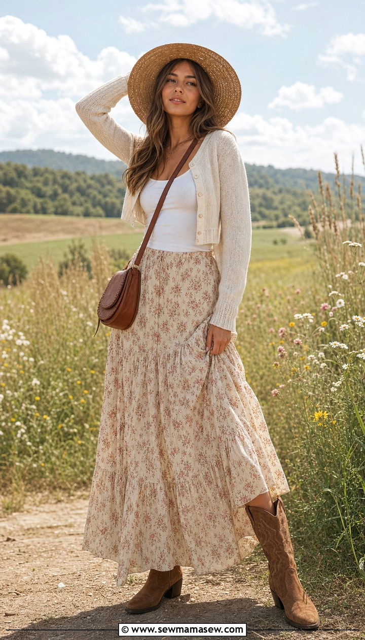 Prairie Maxi Skirt With Cowboy Boots Outfit - 25 Cowboy boots outfit ideas with a skirt
