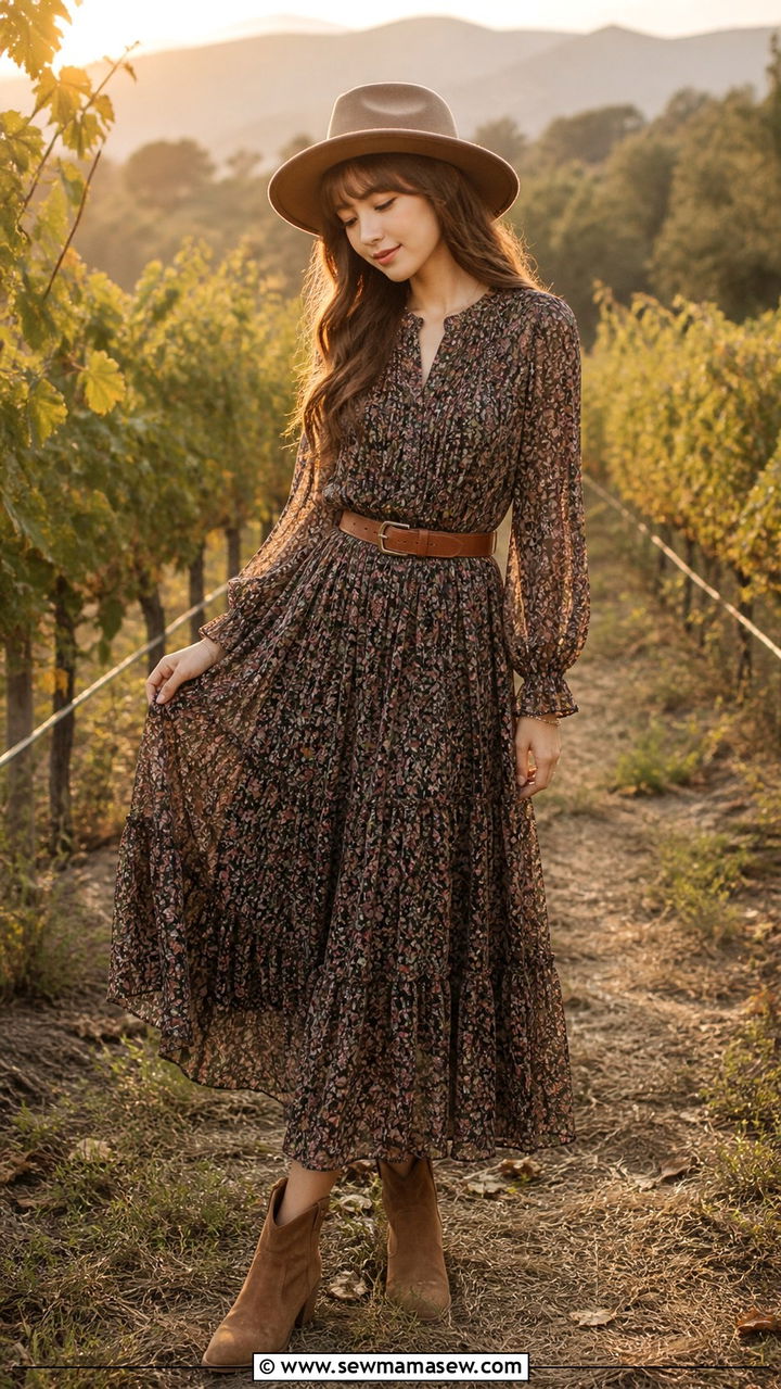 Prairie Midi Dress With Western Ankle Boots - 20 Boho outfit ideas Dôen style