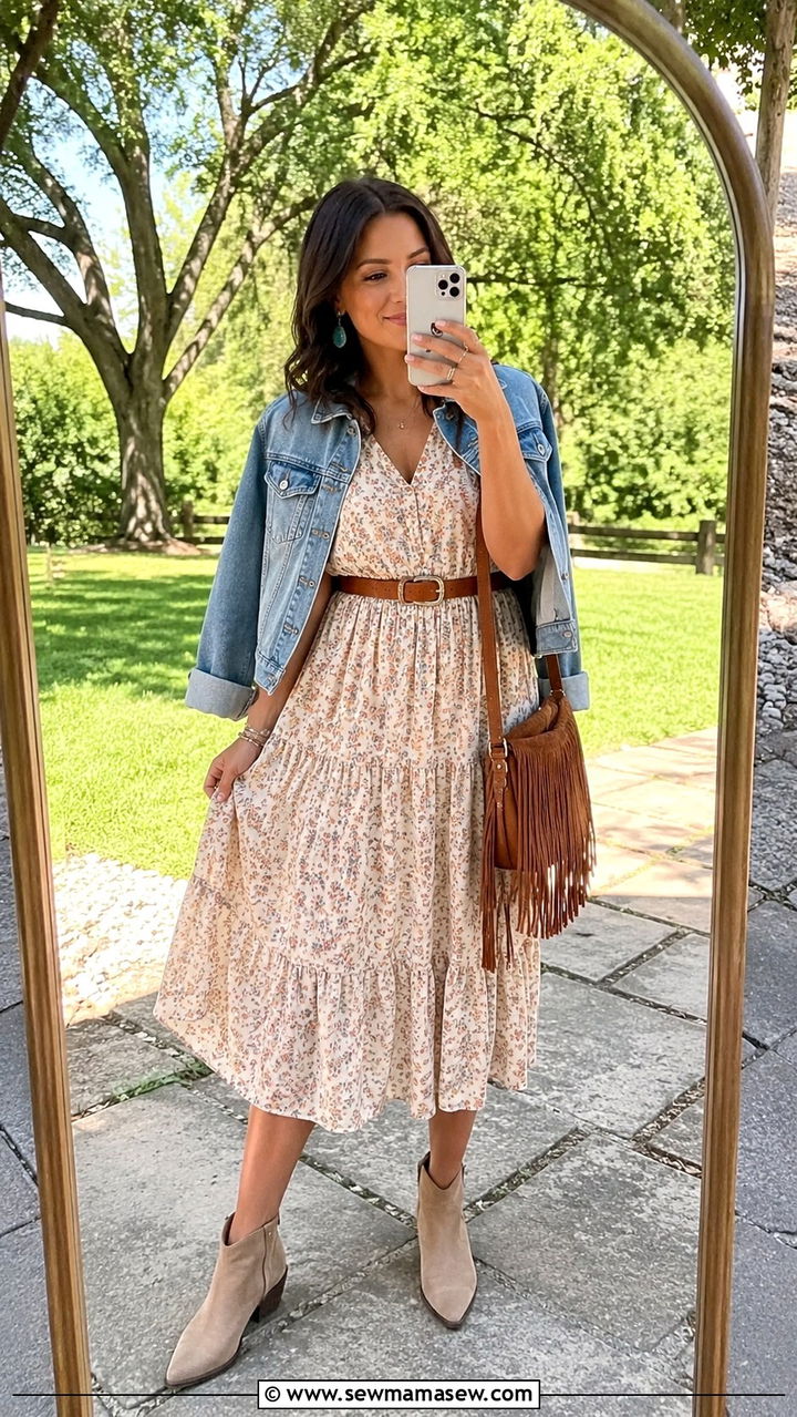 Prairie Midi Dress With Western Belt and Ankle Boots Petite - 25 Western outfit ideas petite