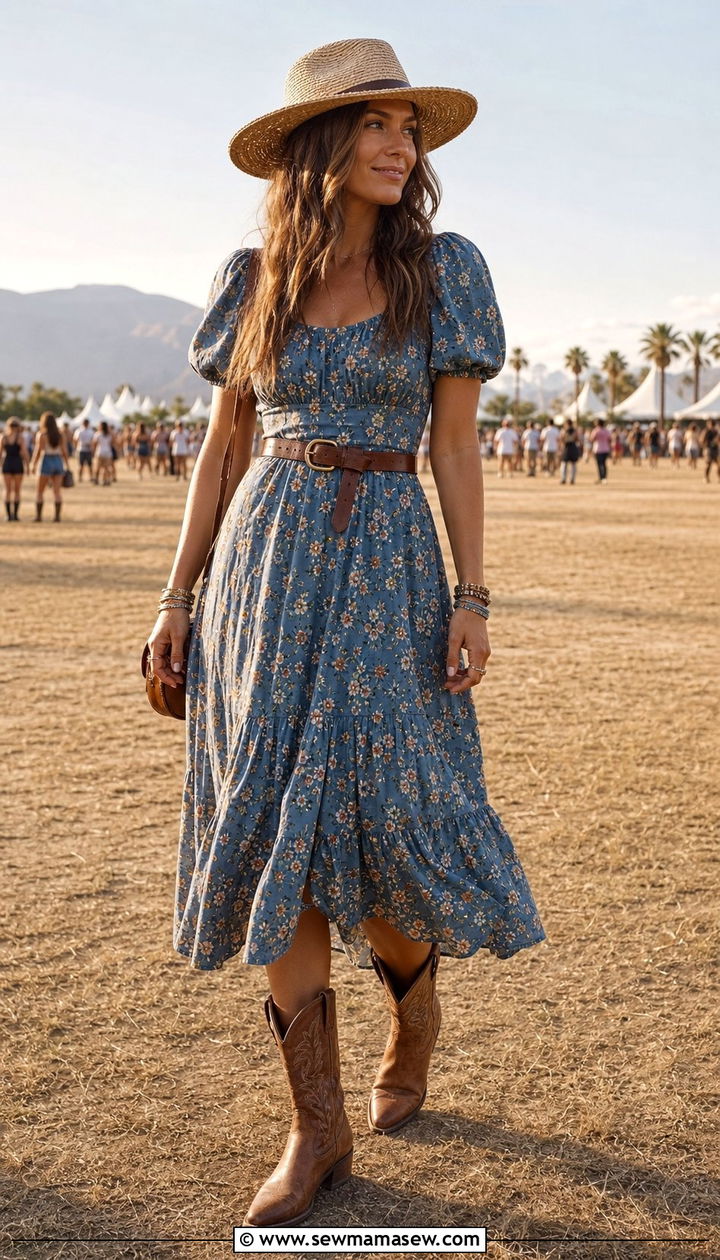 Prairie Midi Dress with Broken In Boots - 25 Stagecoach outfit ideas 2026
