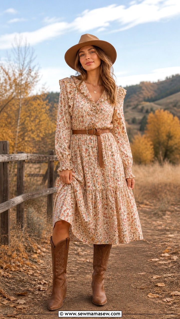 Prairie Midi Dress with Cowboy Boots - 40 western outfits for women