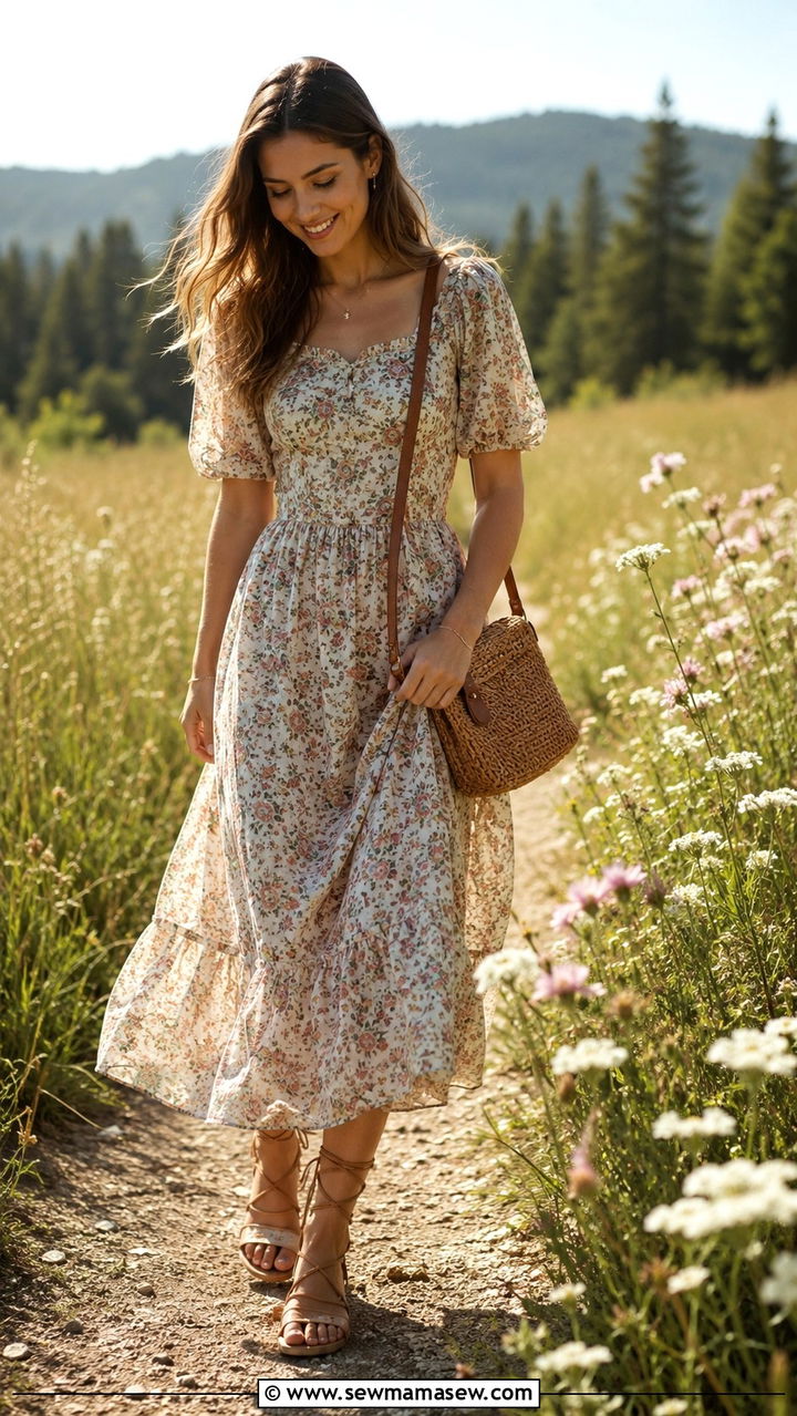 Prairie Midi Dress with Lace Up Sandals - 30 Romantic spring outfit ideas