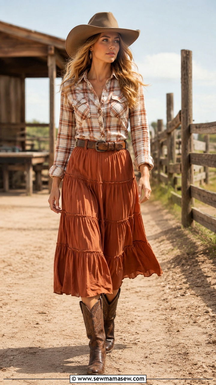 Prairie Midi Skirt with Fitted Plaid Shirt - 25 Western outfit ideas for rodeo