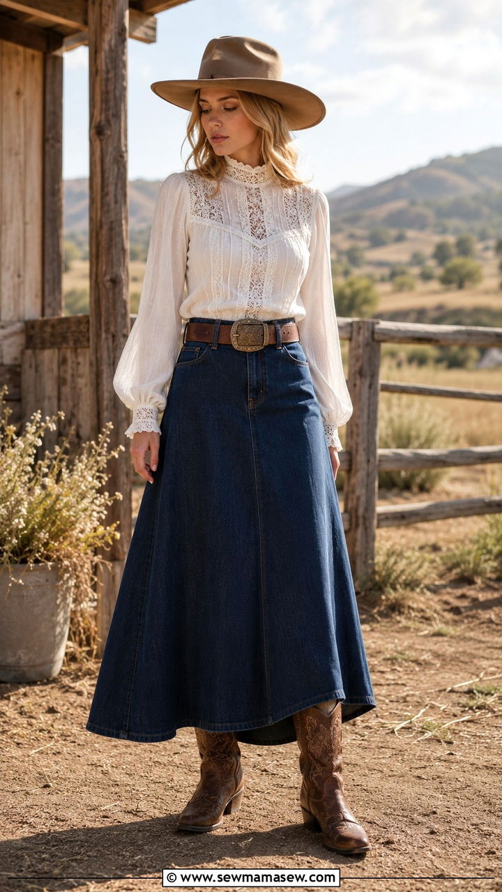 Prairie blouse long denim skirt with cowboy boots - 30 Long denim skirt outfit ideas with cowboy boots