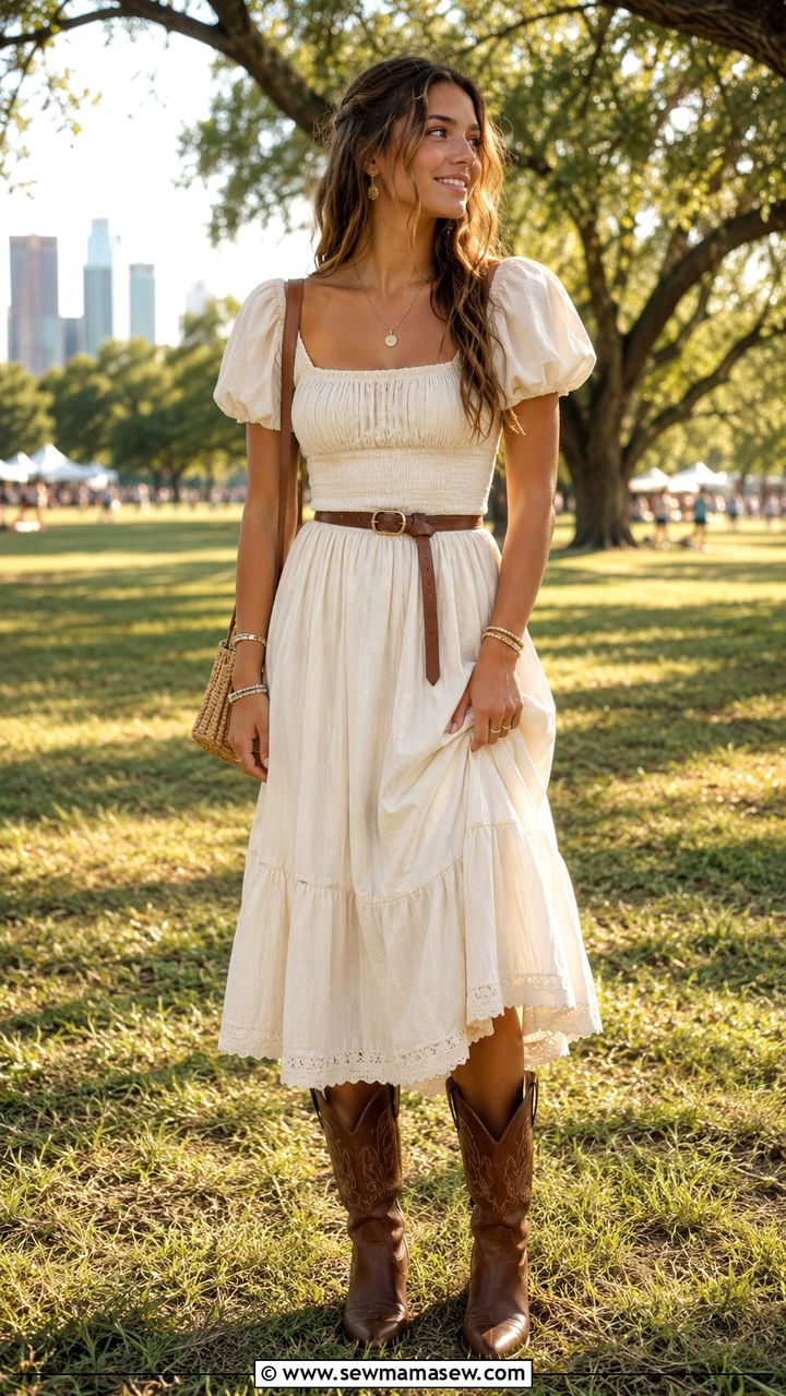 Prairie dress with cowboy boots - 25 Austin City Limits outfit ideas