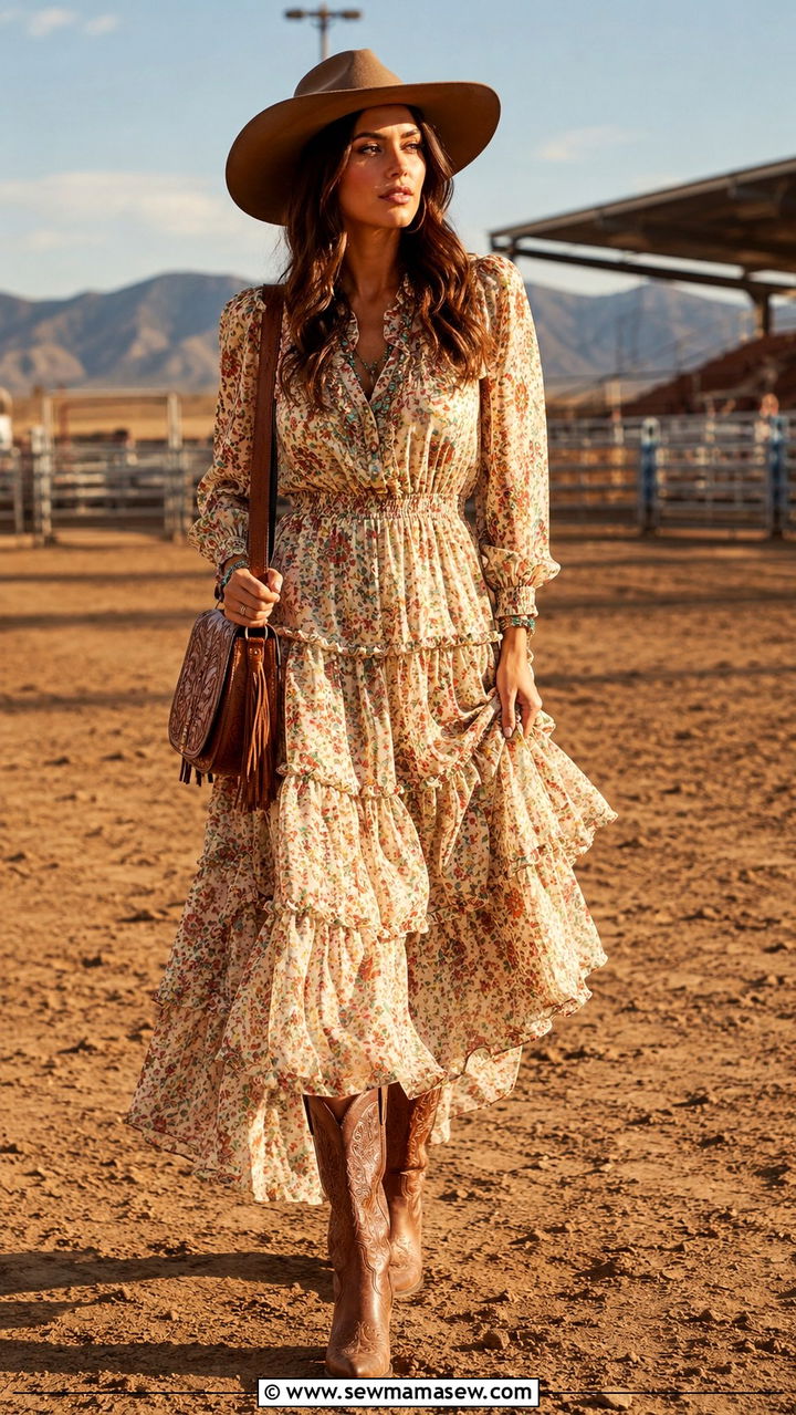 Prairie floral dress and wide brim hat rodeo outfit - 30 Rodeo outfit ideas