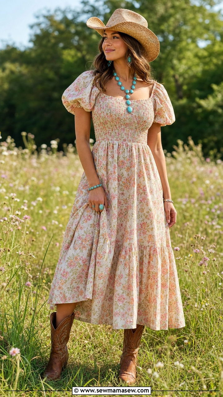 Prairie floral dress with cowboy hat - 25 Spring outfits with hats