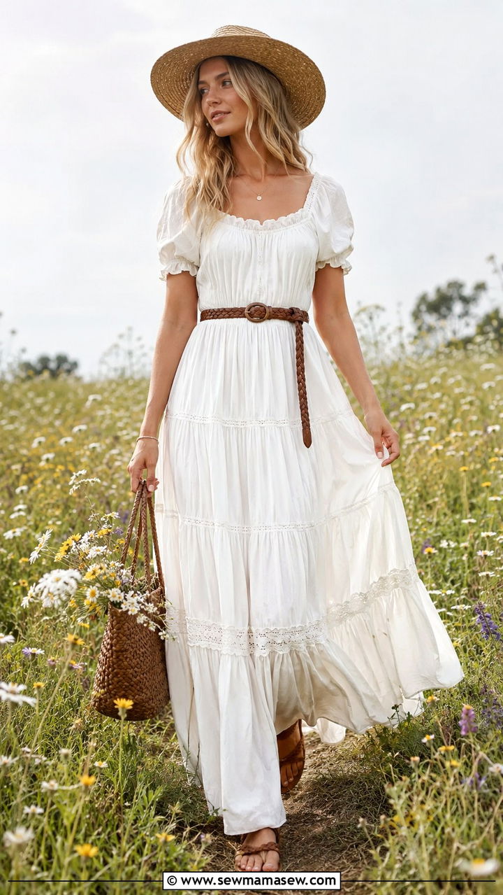 Prairie maxi dress with straw hat - 30 spring cottagecore outfit ideas