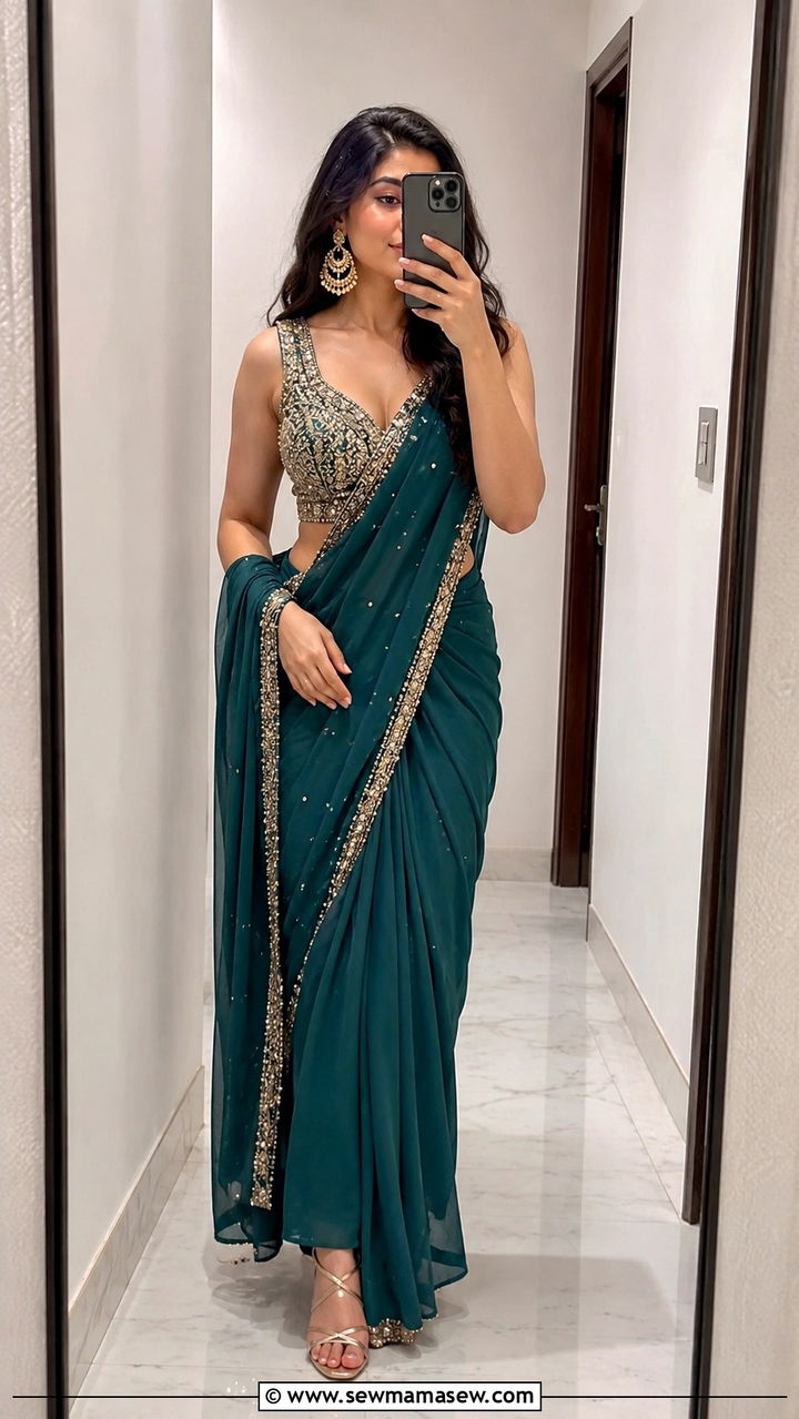 Pre Draped Saree With Statement Earrings - 20 Wedding guest outfit ideas Barat ceremony
