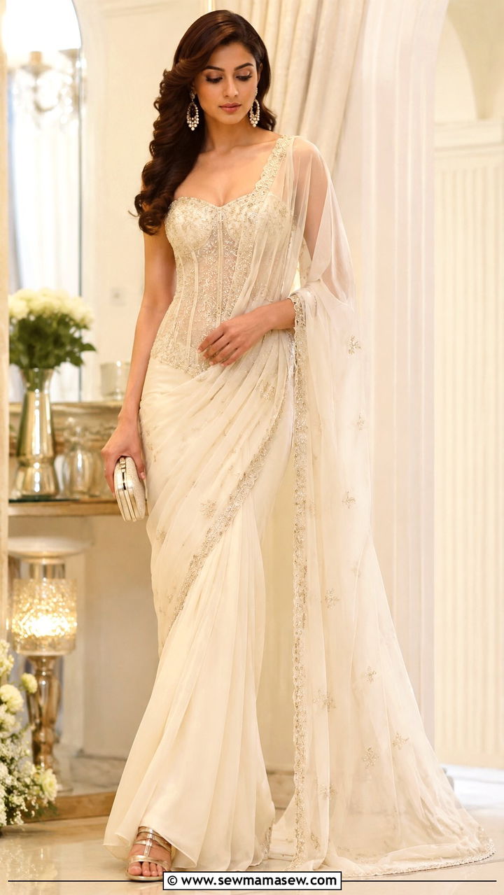 Pre Stitched Fusion Saree Gown in Ivory with Zardozi - 25 Wedding guest outfit ideas Mehndi ceremony