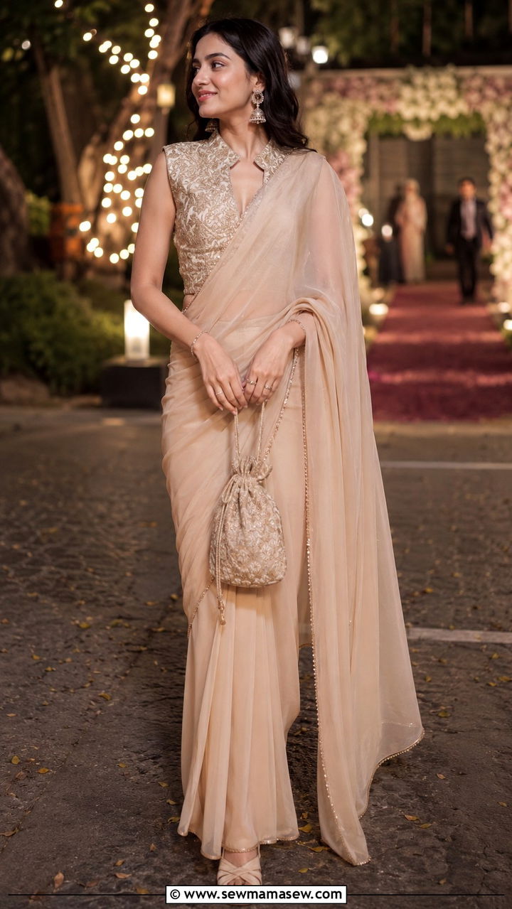 Pre draped saree with structured blouse for Walima - 25 Wedding guest outfit ideas Walima ceremony