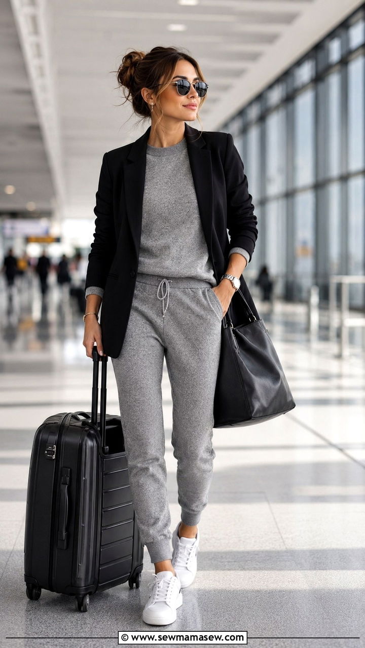 Premium joggers and blazer outfit - 25 Airport outfit ideas for business class