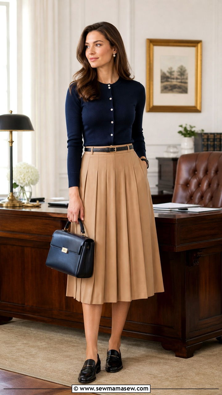Preppy Cardigan with Pleated Skirt Office Outfit - 40 office outfits for women