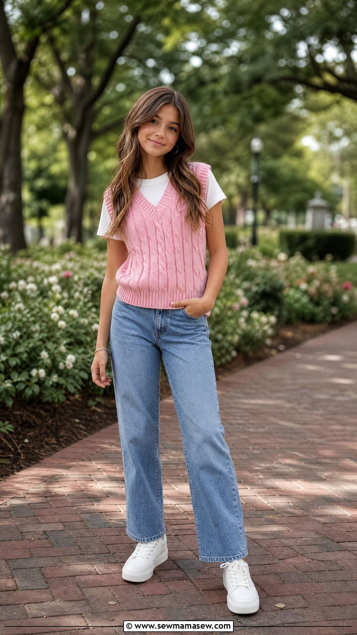 Preppy Knit Vest And Jeans Outfit - 25 Tween outfit ideas 2026