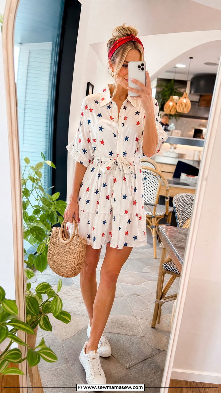 Preppy Star Print Shirt Dress With White Sneakers - 30 summer fourth of july outfit ideas