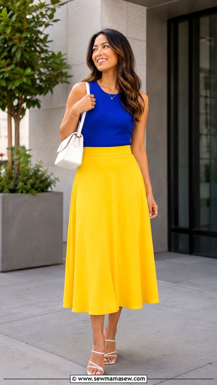 Primary Color Block Top And Midi Skirt Outfit - 25 Trendy summer outfit ideas 2026