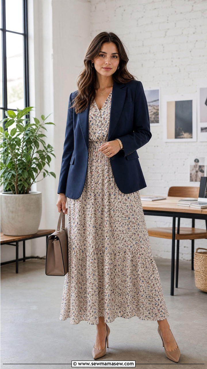 Print Maxi Dress With Solid Blazer And Neutral Heels - 30 Maxi dress for work outfit ideas