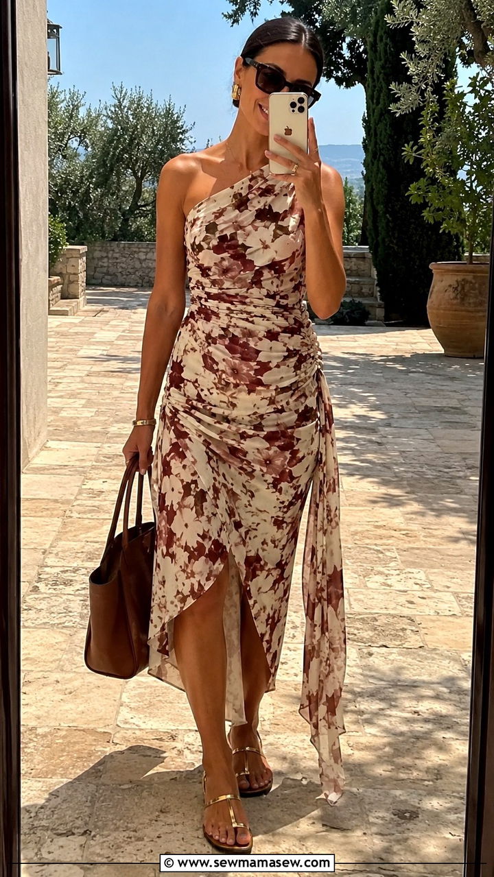 Printed Asymmetric Midi Dress With Sandals - 25 Wedding guest outfit ideas apple shape