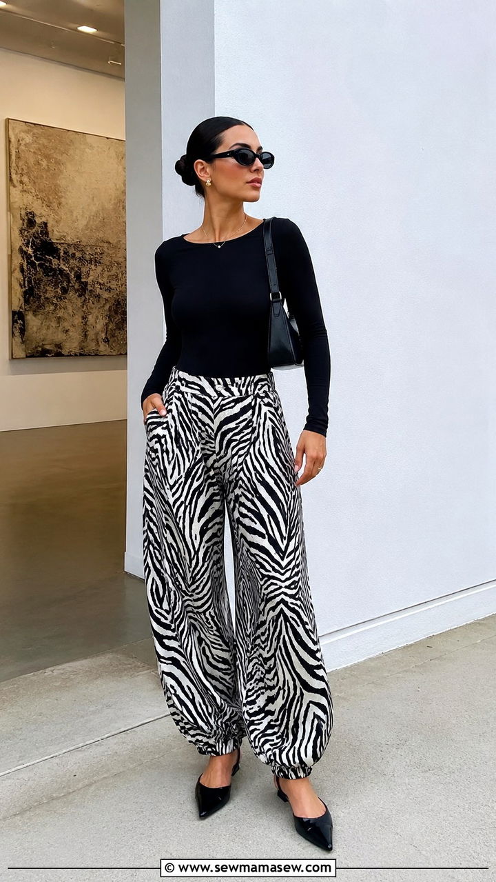 Printed Balloon Pants and Neutral Top Formula - 25 balloon pants outfits aesthetic