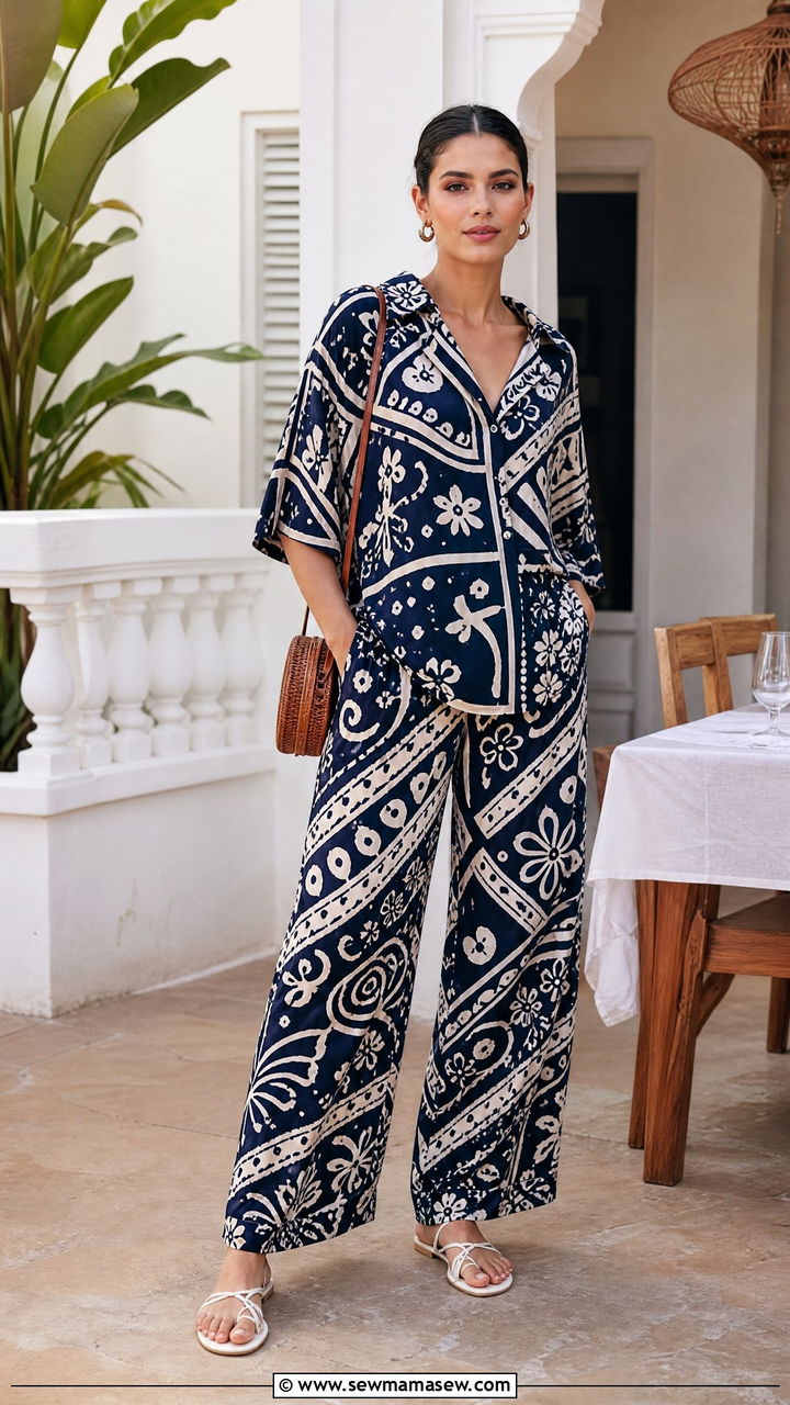 Printed Batik Co Ord Set With Wide Leg Pants - 35 hot weather outfits inspo