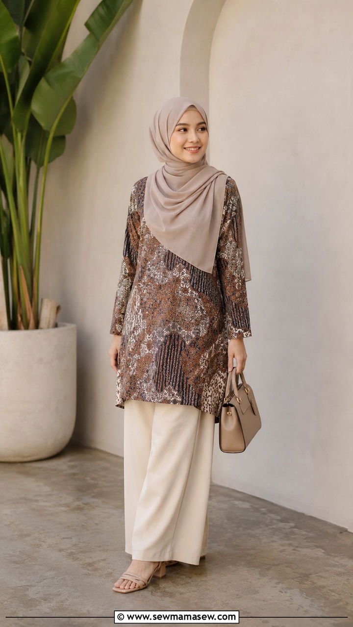 Printed Batik Tunic with Neutral Palazzo Pants - 25 work outfits for hijab women