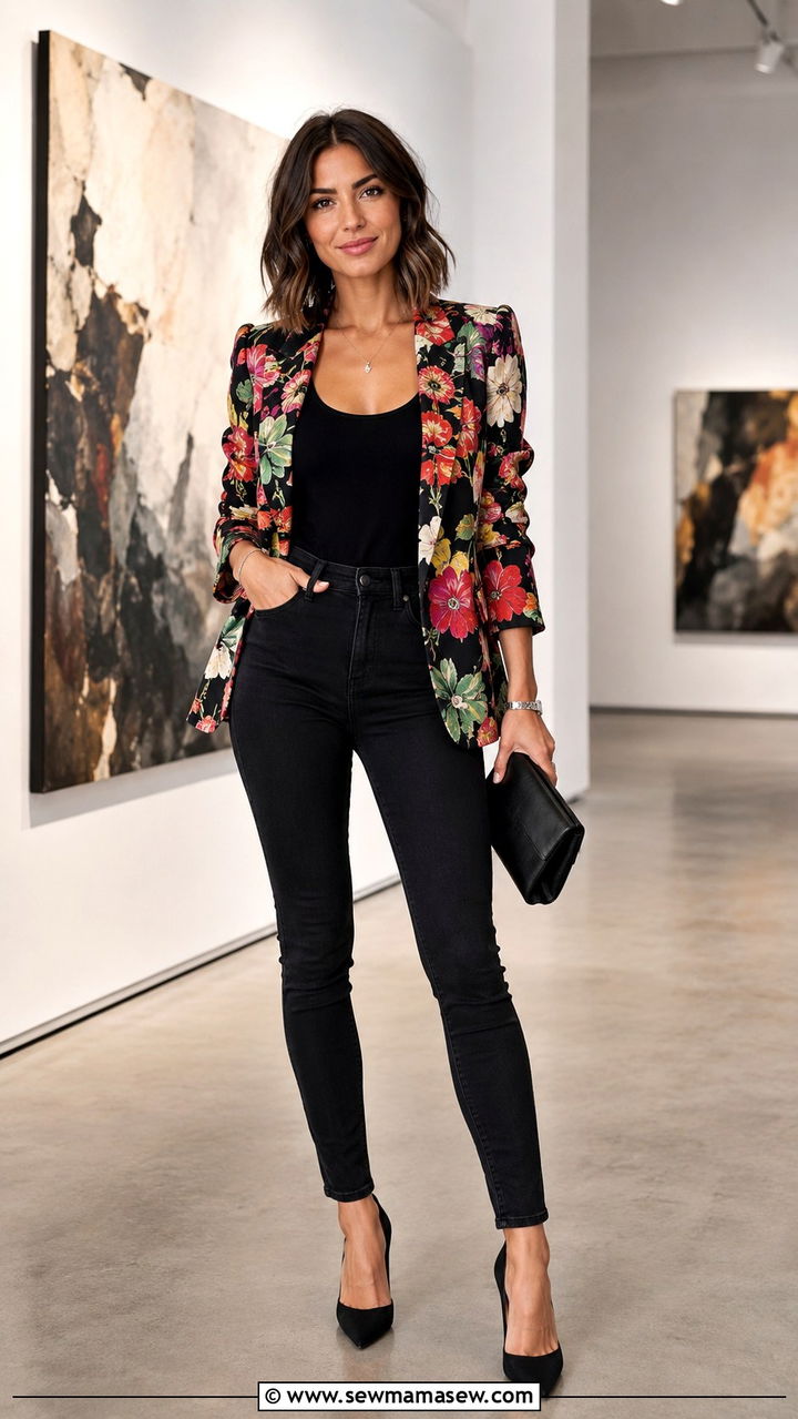 Printed Blazer With High Waisted Jeans - 30 High waisted jeans outfit ideas with a blazer