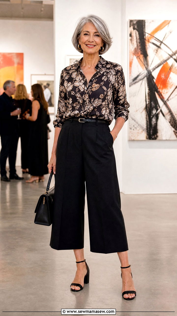 Printed Blouse With Culottes - 35 Going out outfit ideas women over 50