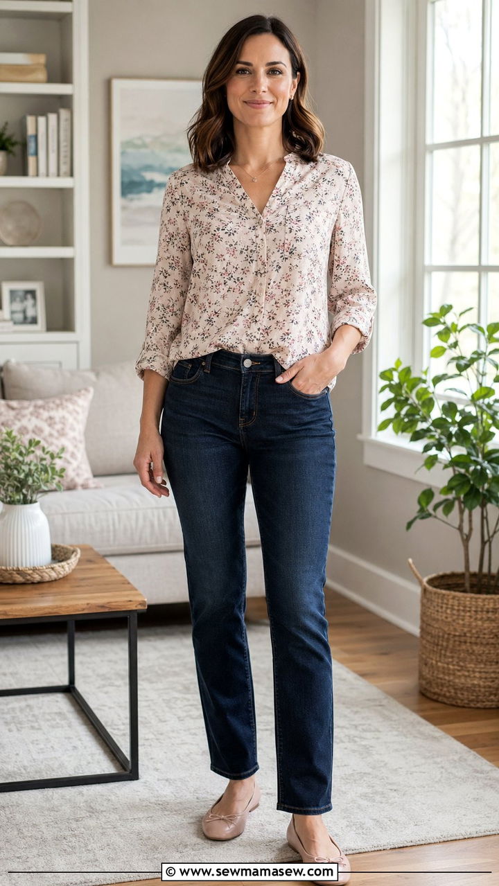 Printed Blouse With Dark Jeans And Ballet Flats - 30 Zoom meeting outfit ideas