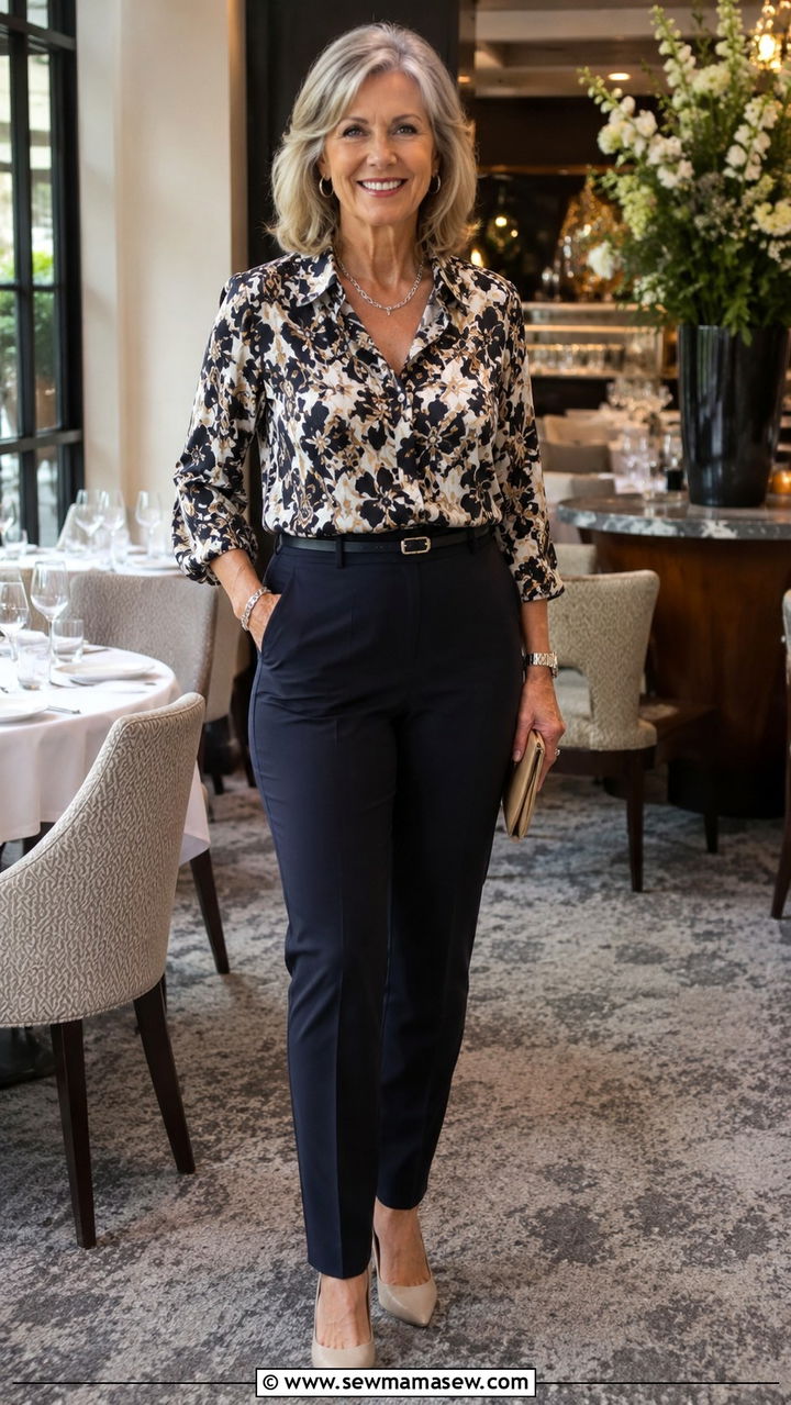 Printed Blouse With Dark Trousers and Pumps for Pear Shape - 20 Outfit ideas for pear shape over 50