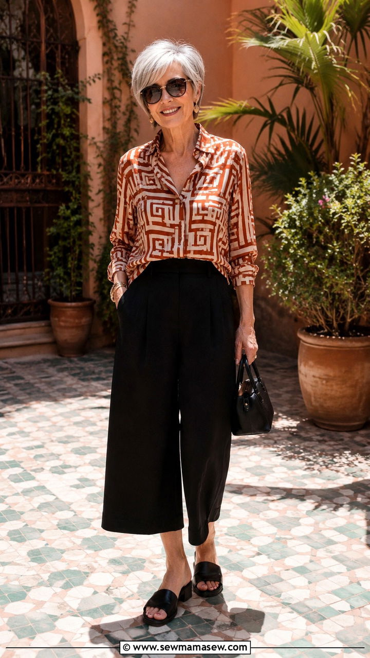 Printed Blouse With Neutral Culottes - 30 Trendy outfits for women over 60